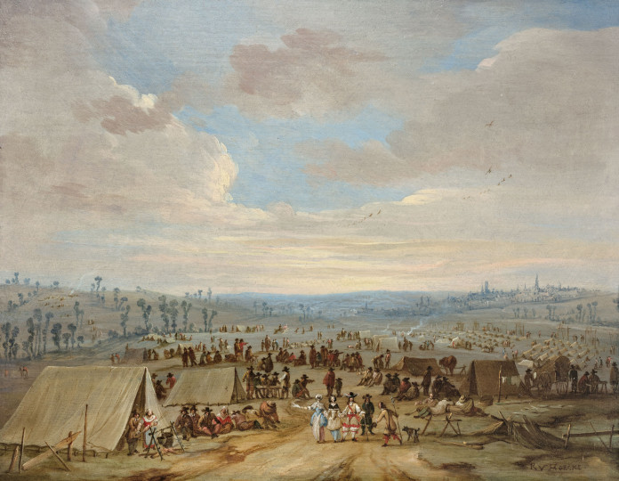 Robert van den Hoecke - Rastende Soldaten in einem Lager vor einer Stadt, Mitte 17. Jh., Mitte 17. Jh.